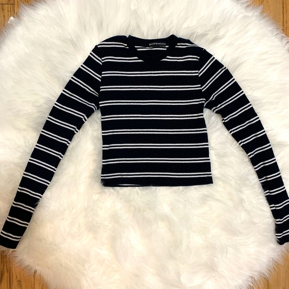 Brandy Melville navy blue and white striped long sleeve cropped top